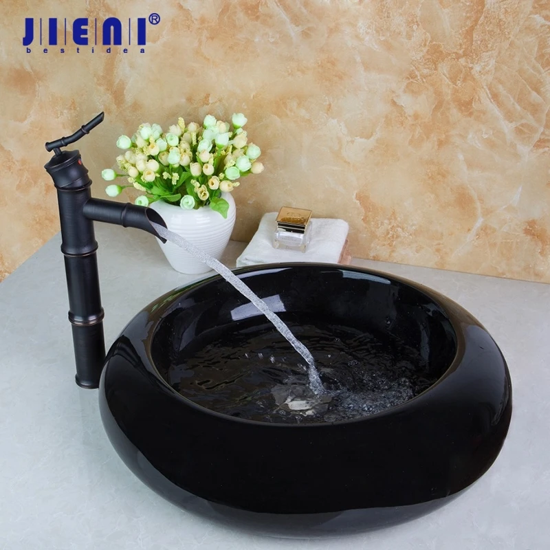 

Round Black Ceramic Wash Artistic Countertop European Bathroom Basin Sink With Oil Rubbed Bronze Faucet Set Faucet