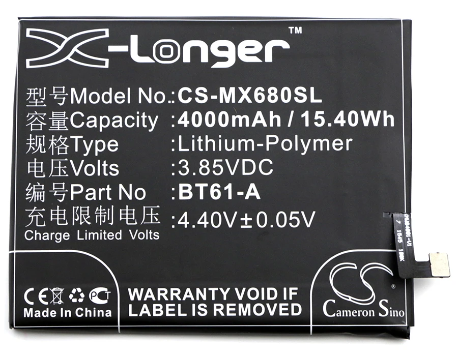 Cameron Sino 4000mAh Battery BT61-A for MeiZu M3 Note, M3 Note Dual SIM, M3 Note Dual SIM TD-LTE 16GB, M681C, M681Q
Cameron Sino 4000mAh Battery BT61-A for MeiZu M3 Note, M3 Note Dual SIM, M3 Note Dual SIM TD-LTE 16GB, M681C, M681Q