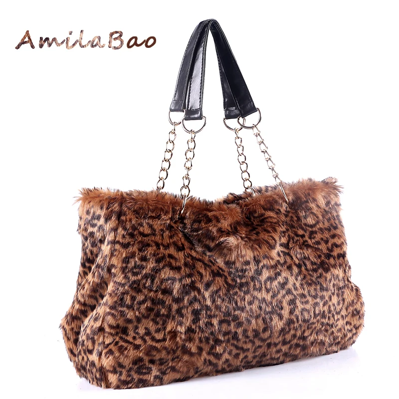 

Totes Winter women bag handbag leopard Free hair superior quality Fur Warm Shoulder Fashion Messenger Bag have Strap ME116