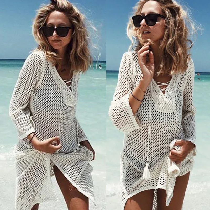 2018 New Beach Cover Up Bikini Crochet Knitted Tassel Tie Beachwear Summer Swimsuit Cover Up Sexy See-through Beach Dress
2018 New Beach Cover Up Bikini Crochet Knitted Tassel Tie Beachwear Summer Swimsuit Cover Up Sexy See-through Beach Dress