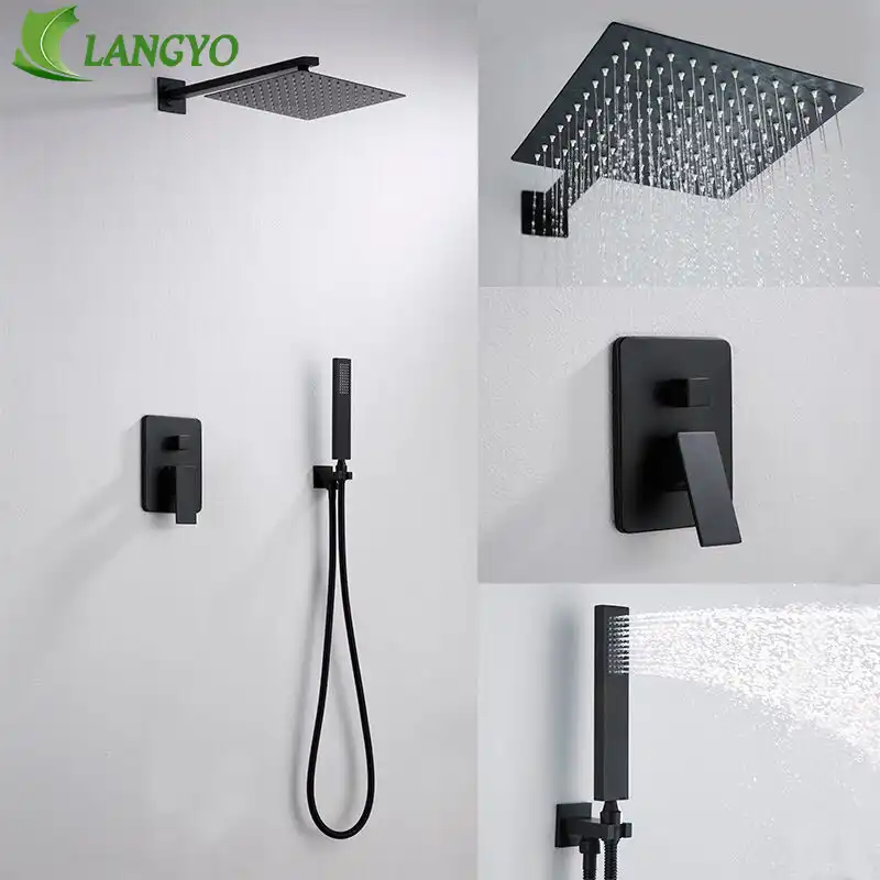 Langyo Brass Square Black Shower Set Bathroom 12inch Rain Shower Head Faucet Ceiling Shower Arm Diverter Mixer Handheld Shower