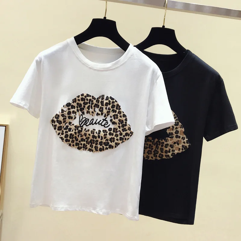 2019 Summer New Women Leopard Lips Print Short Sleeve T-Shirt Women Korean Style Crewneck Cotton Loose T Shirt Casual Lady Tops
2019 Summer New Women Leopard Lips Print Short Sleeve T-Shirt Women Korean Style Crewneck Cotton Loose T Shirt Casual Lady Tops