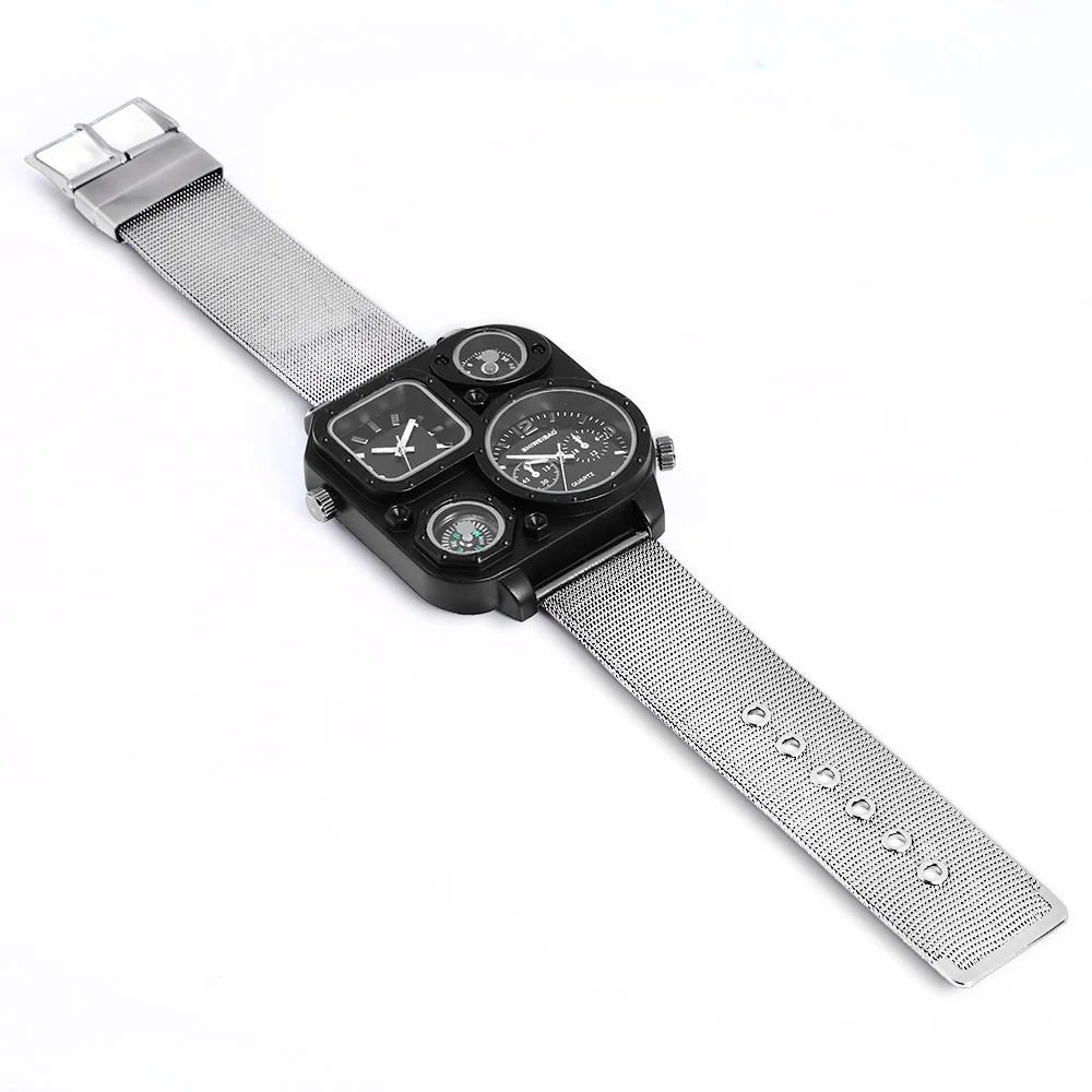 dual time zones miltiary watches for men steel mesh band casual mens watches quartz watch men ] (5)