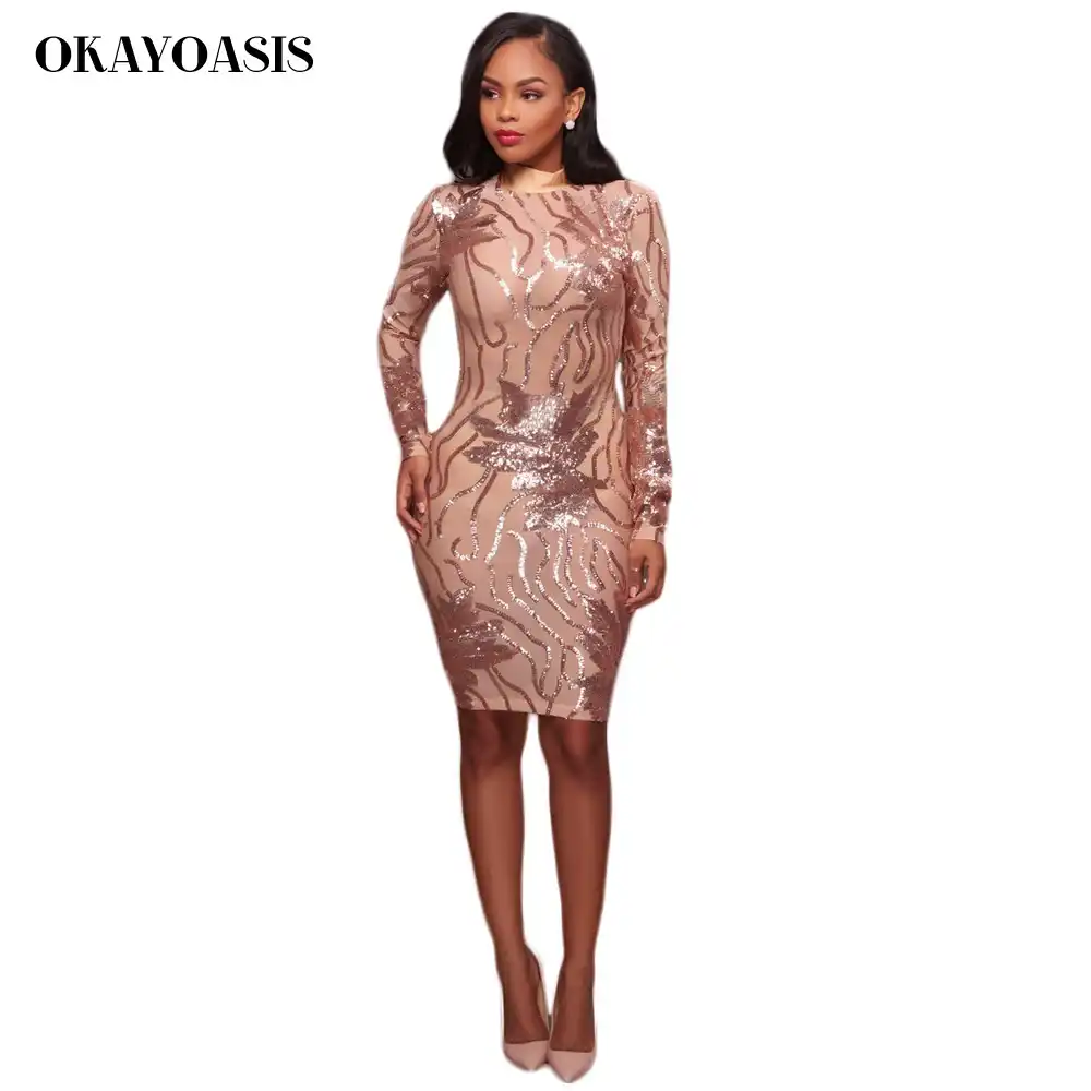 long sleeve sequin bodycon dress rose gold