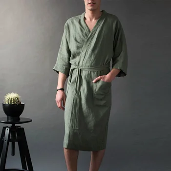Linen Men's V-neck Long Solid Pajamas Robes Wrist Sleeve Simple Lace Up Male Robe 2020 Vintage Men Bathrobe Homme Nightgown
Linen Men's V-neck Long Solid Pajamas Robes Wrist Sleeve Simple Lace Up Male Robe 2020 Vintage Men Bathrobe Homme Nightgown