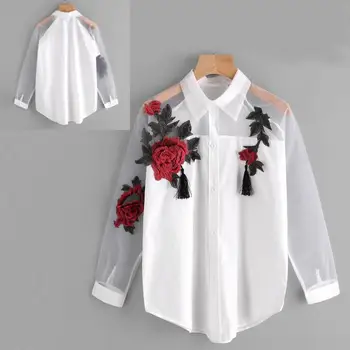 Women Shirt Casual Long sleeves lapel Embroidered flowers Tassel Detail Shirt With Sheer Mesh Panel Autumn female Shirt
Women Shirt Casual Long sleeves lapel Embroidered flowers Tassel Detail Shirt With Sheer Mesh Panel Autumn female Shirt