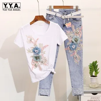 Fashion Summer Flower Embroidery Short Sleeve T-shirt Two Piece Set Beads Jeans Pencil Pants Ensemble Femme Casual Outfit Sets
Fashion Summer Flower Embroidery Short Sleeve T-shirt Two Piece Set Beads Jeans Pencil Pants Ensemble Femme Casual Outfit Sets