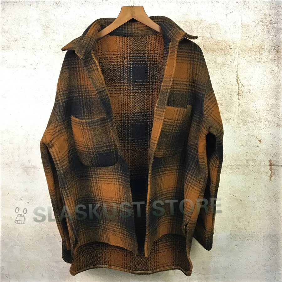 

Brown & Black Tweed Check Shirt Hiphop Cropped Thick Overshirt Button Closure Patch Pocket Long Sleeve Coat