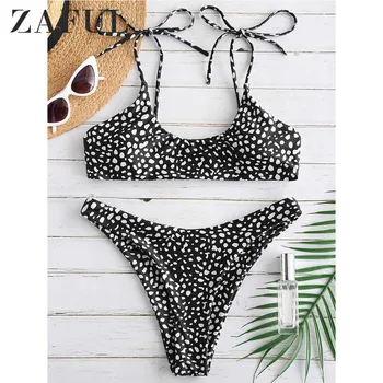 

ZAFUL Bikini Leopard Printed Tie Shoulders Bikini Set Spaghetti Straps Elastic Low Waisted Padded Swim Suit Beach Swimwear