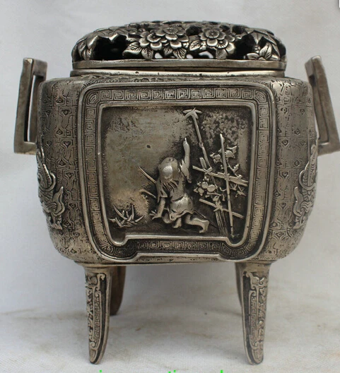 127@g++6" Old China Palace Silver Boy Dargon Plum Blossom Handle Incense Burner Censer statue