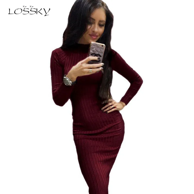 LOSSKY-Knitting-christmas-Dresses-Women-2017-Autumn-winter-Robe-Sexy-Slim-Midi-Bodycon-Dress-Long-Sleeve