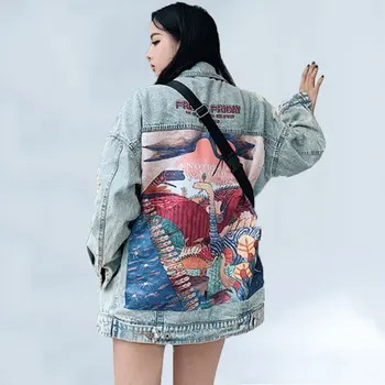 

2019 Fashion New Loose Back Animal Patch Couple Wild Denim Jacket Harajuku Spliced Dinosaur Autumn Casual Jacket Streetwear 432