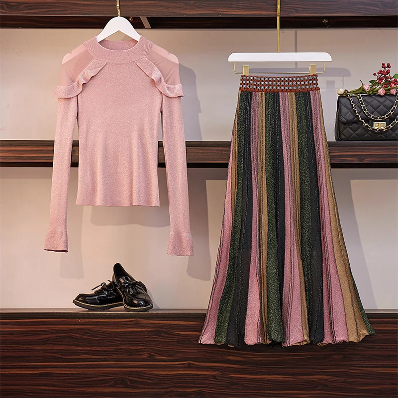 HAMALIEL New 2019 Autumn 2 Piece Suits Women Pink Ruffles Knitted Sweater Suits + Bling Long Pleated Colour Striped Skirt Set
HAMALIEL New 2019 Autumn 2 Piece Suits Women Pink Ruffles Knitted Sweater Suits + Bling Long Pleated Colour Striped Skirt Set