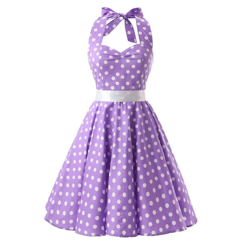 Women Vintage Polka Dot Dress Summer Sundress 50s Hepburn Party Light Purple Sleeveless Halter Sexy Womens Clothing Retro Dress
Women Vintage Polka Dot Dress Summer Sundress 50s Hepburn Party Light Purple Sleeveless Halter Sexy Womens Clothing Retro Dress
