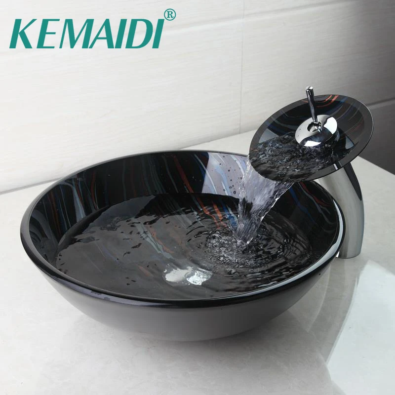 

KEMAIDI Hand Painting Basin Bowl Sinks / Vessel Tempered Glass Basins With Brass Faucet Taps&Pop up Drain Bathroom Sink Set