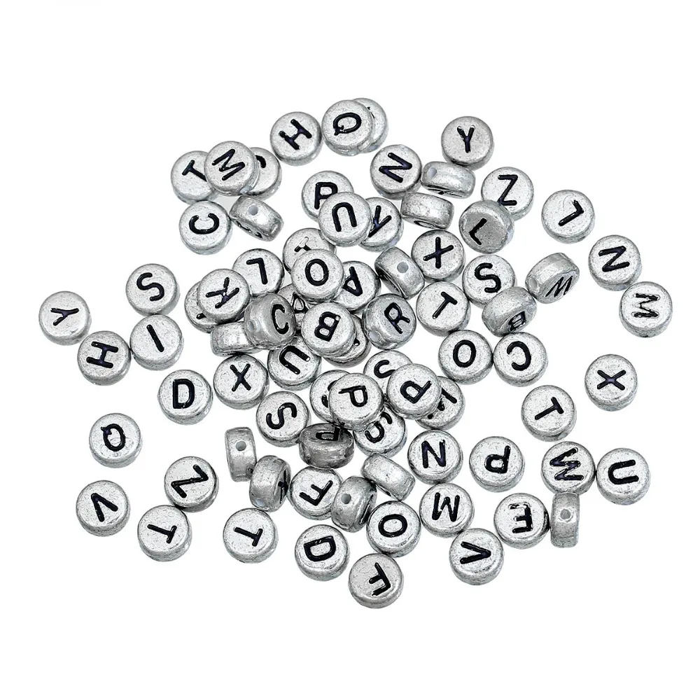 

Doreen Box 500Pcs Mixed At Random Silver-grey Flat Round Alphabet /Letter Acrylic Spacer Beads 7mm.(B09882)