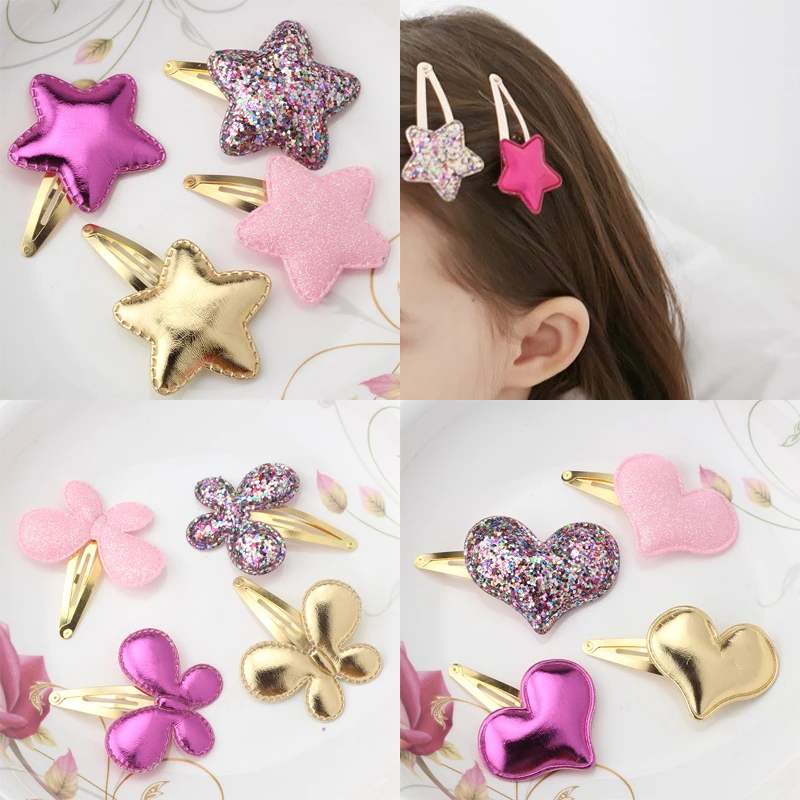 

M MISM Children PU Leather Sequin Star BB Hair Clips Love Heart Princess Girls Barrettes Shining Sweet Hair Clamps Accessories