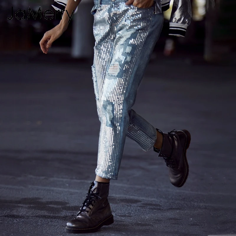JaMerry 2019 Spring loose sequin trousers pants Summer streetwear denim pants women bottom Hole zipper jeans pants capris female
JaMerry 2019 Spring loose sequin trousers pants Summer streetwear denim pants women bottom Hole zipper jeans pants capris female