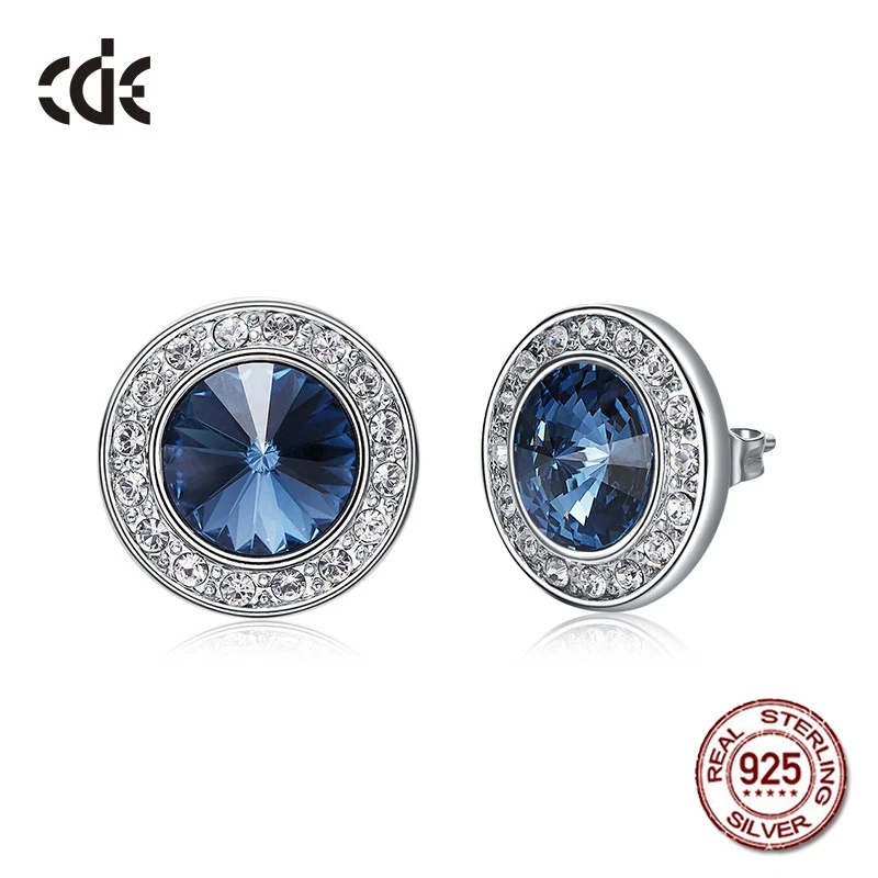 

100% S925 Sterling Silver Blue Round Rhinestone Crystals from Swarovski Fashion Stud Earings for Women 2019 Valentine's Day Gift