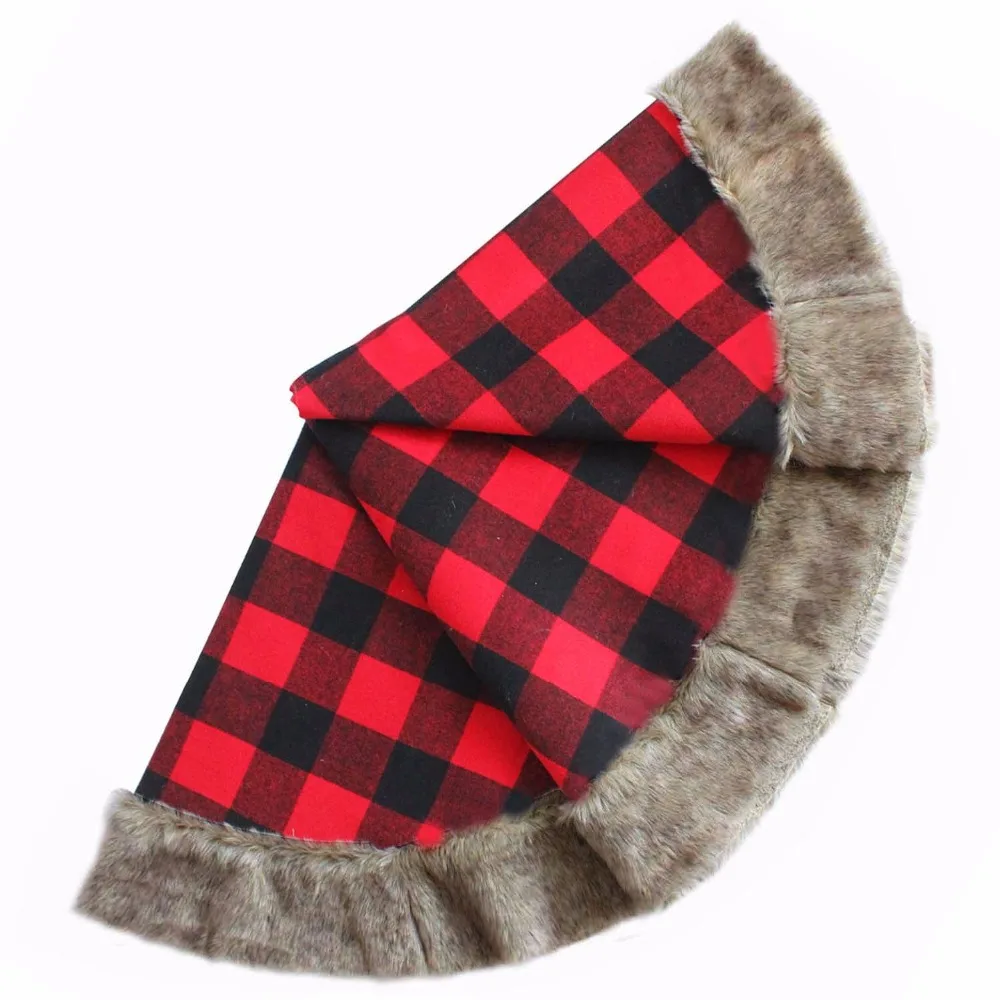 

Free shipping Extra Large 36"/50" Christmas Tree Skirt Plaid with Faux Fur Border Buffalo Check P4611