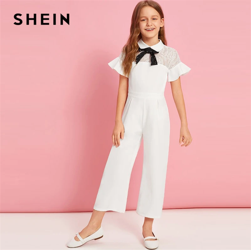 

SHEIN Kiddie White Solid Contrast Lace Tie Neck Ruffle Party Girls Jumpsuit 2019 Summer Flounce Sleeve Wide Leg Cute Jumpsuits