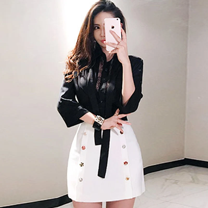 2018 Autumn Bowknot OL Black Blouse Mini Bodycon Diamond White Skirt Two Piece Full Sleeve Sets Work Suit Dress 
2018 Autumn Bowknot OL Black Blouse Mini Bodycon Diamond White Skirt Two Piece Full Sleeve Sets Work Suit Dress