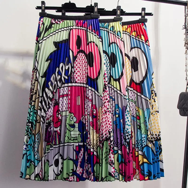 Womens Pleated A-line Midi Skirt Cartoon Print High Waist Pattern Elastic Mid-Calf Skirts Lady 2019 Spring Summer Bottoms Woman
Womens Pleated A-line Midi Skirt Cartoon Print High Waist Pattern Elastic Mid-Calf Skirts Lady 2019 Spring Summer Bottoms Woman