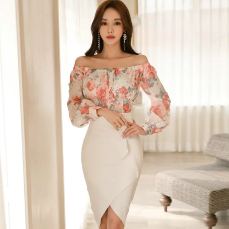2019 Spring Slash Neck Long Sleeve Loose Print Chiffon Blouse White Pencil Midi Skirt Two Piece Sets Sexy Dress
2019 Spring Slash Neck Long Sleeve Loose Print Chiffon Blouse White Pencil Midi Skirt Two Piece Sets Sexy Dress