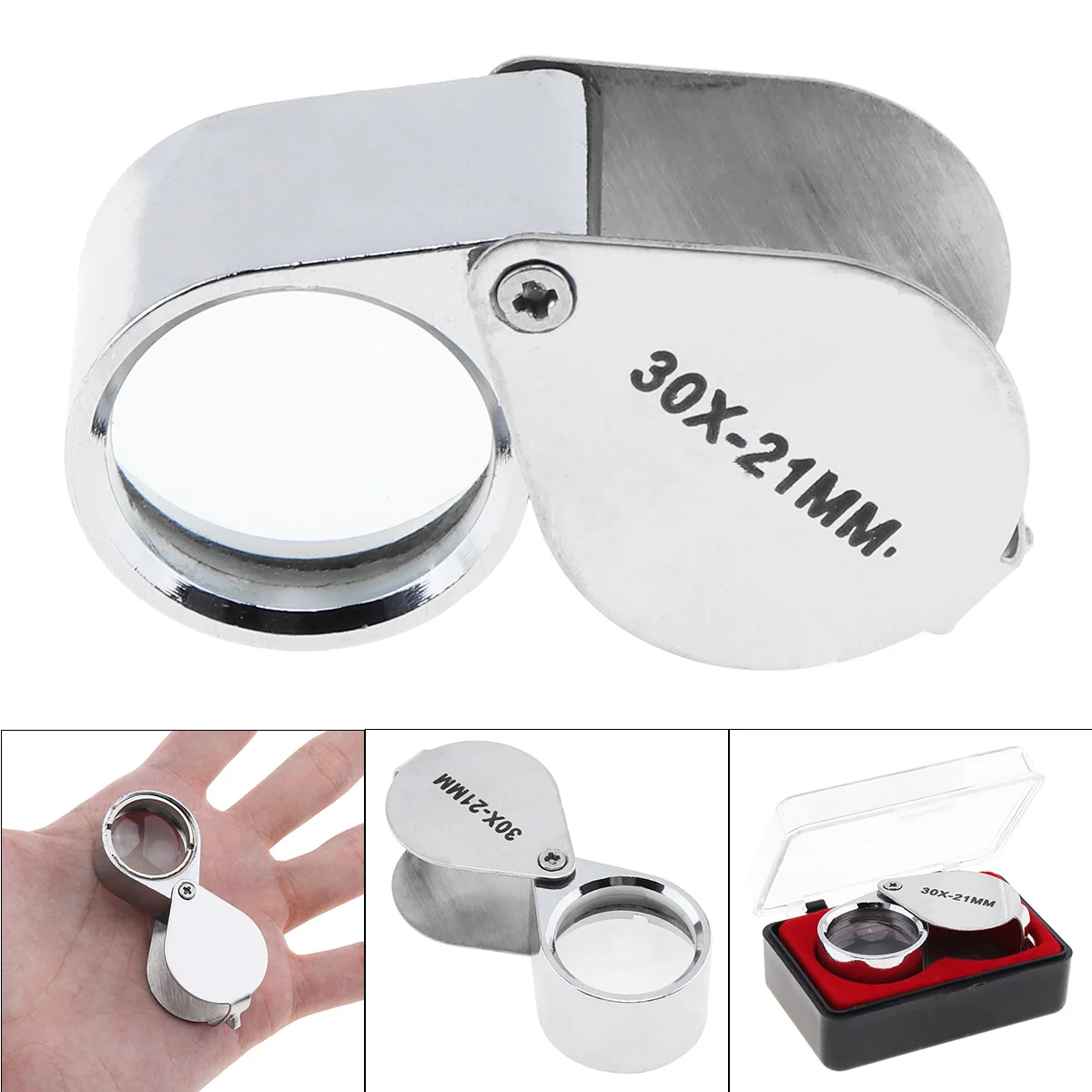 

30X 21mm Magnifier Metal + Optical Glass Lens Silvery Foldable Portable Magnifying Glass for Reading / Jewelry