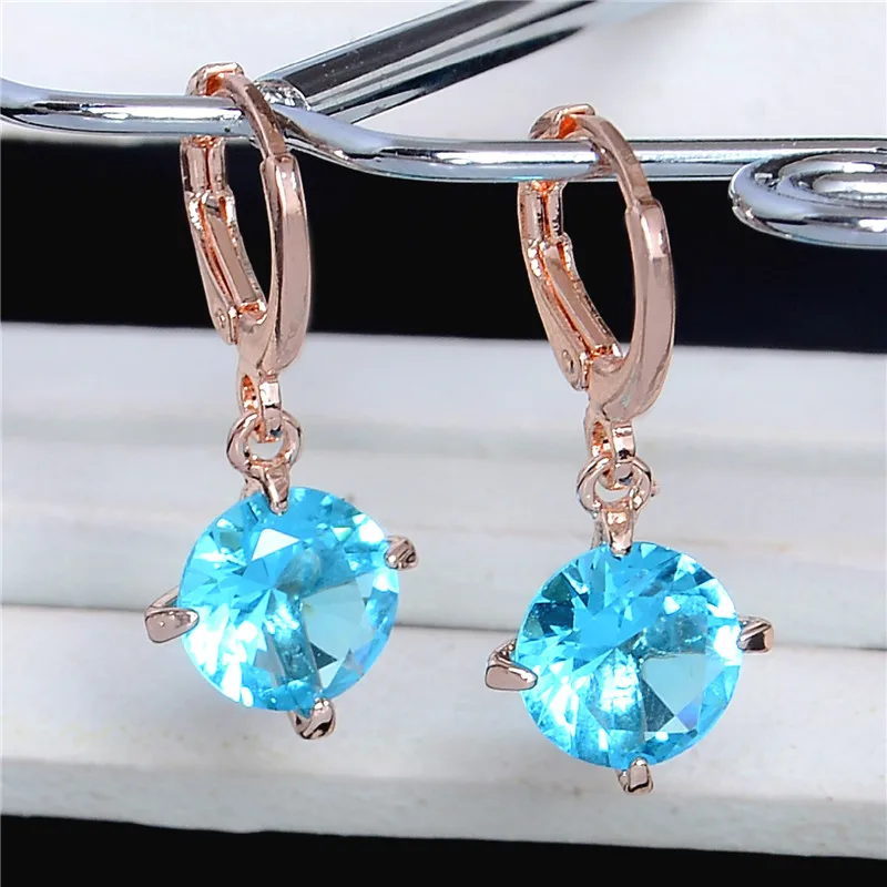 

SHUANGR Sky Blue Crystal Rhinestone Drop Ear Hoop Jewelry Gold Color Cubic Zirconia Drop Earring For Women Party