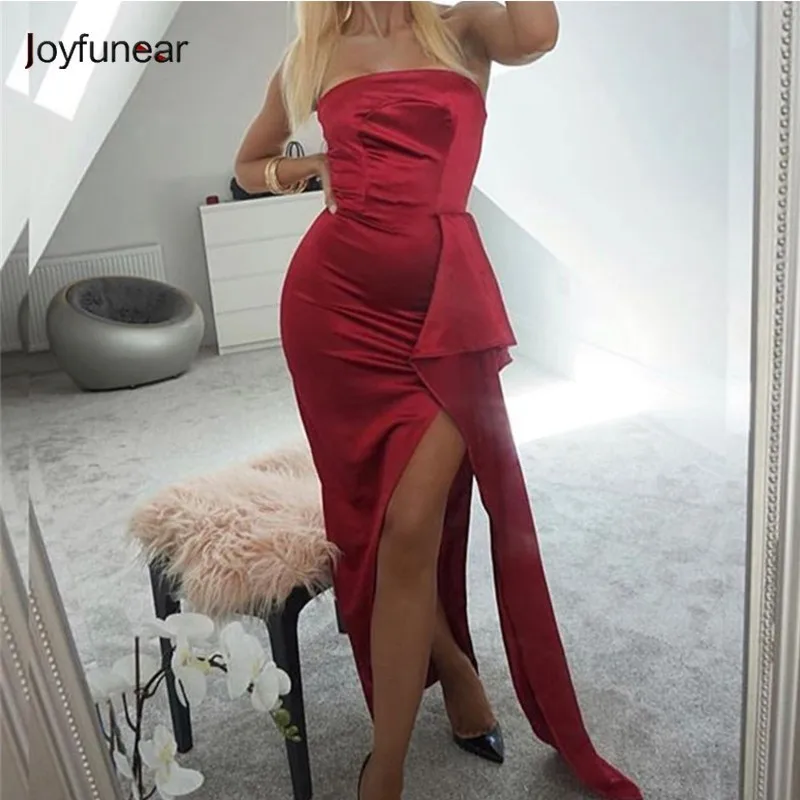 Joyfunear Satin Summer Dress Women Strapless Elegant Party Dresses Female Bodycon High Split Evening Maxi Long Sexy Dress 2019
Joyfunear Satin Summer Dress Women Strapless Elegant Party Dresses Female Bodycon High Split Evening Maxi Long Sexy Dress 2019