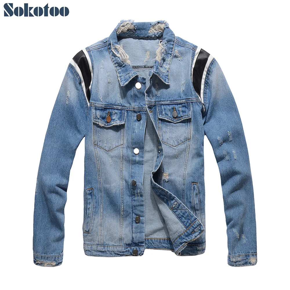 Men's PU leather patchwork blue denim ripped jacket Casual patch design holes distressed coat Outerwear 
Men's PU leather patchwork blue denim ripped jacket Casual patch design holes distressed coat Outerwear