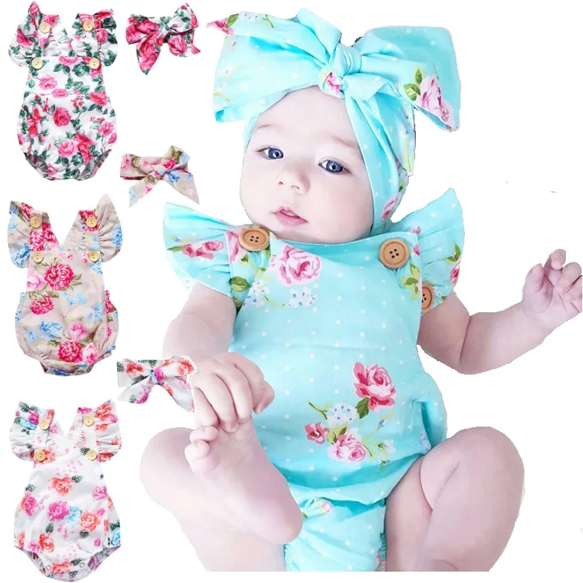 

Summer Floral Baby Girl Clothes Suits Newborn Bodysuits Hairband 2-Piece Clothing Set Infant Jumpsuit Backless Girls Outfit 0-2Y