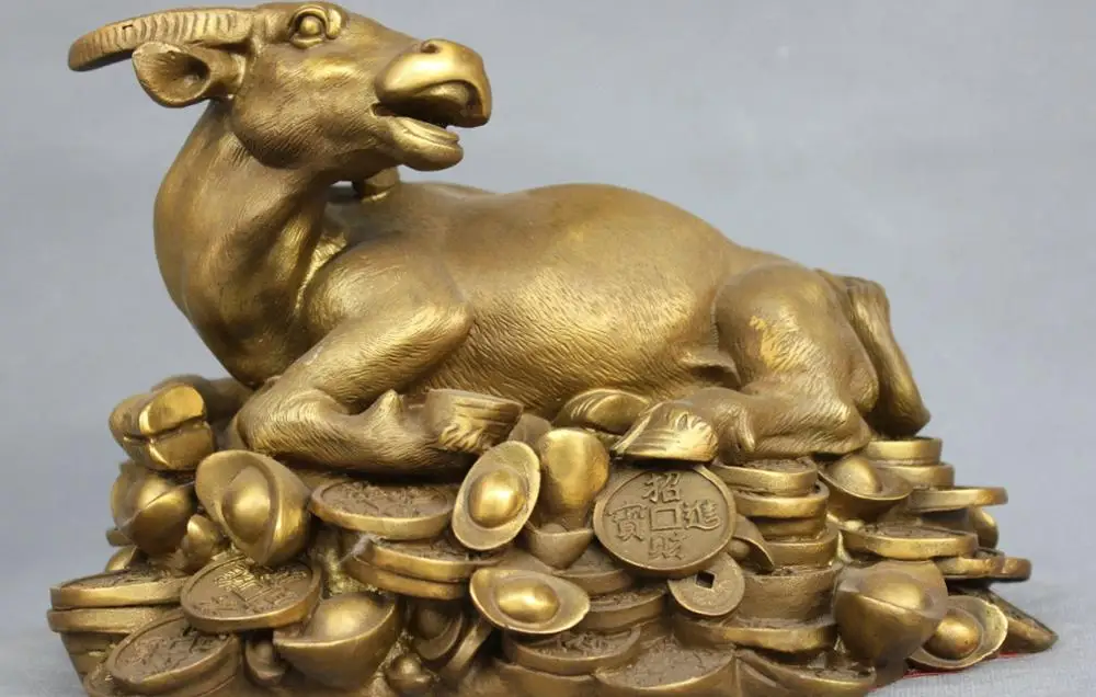 10" China Fengshui Zodiac Bronze Bull Ox Stand Ingot Coins Money Blessing Statue