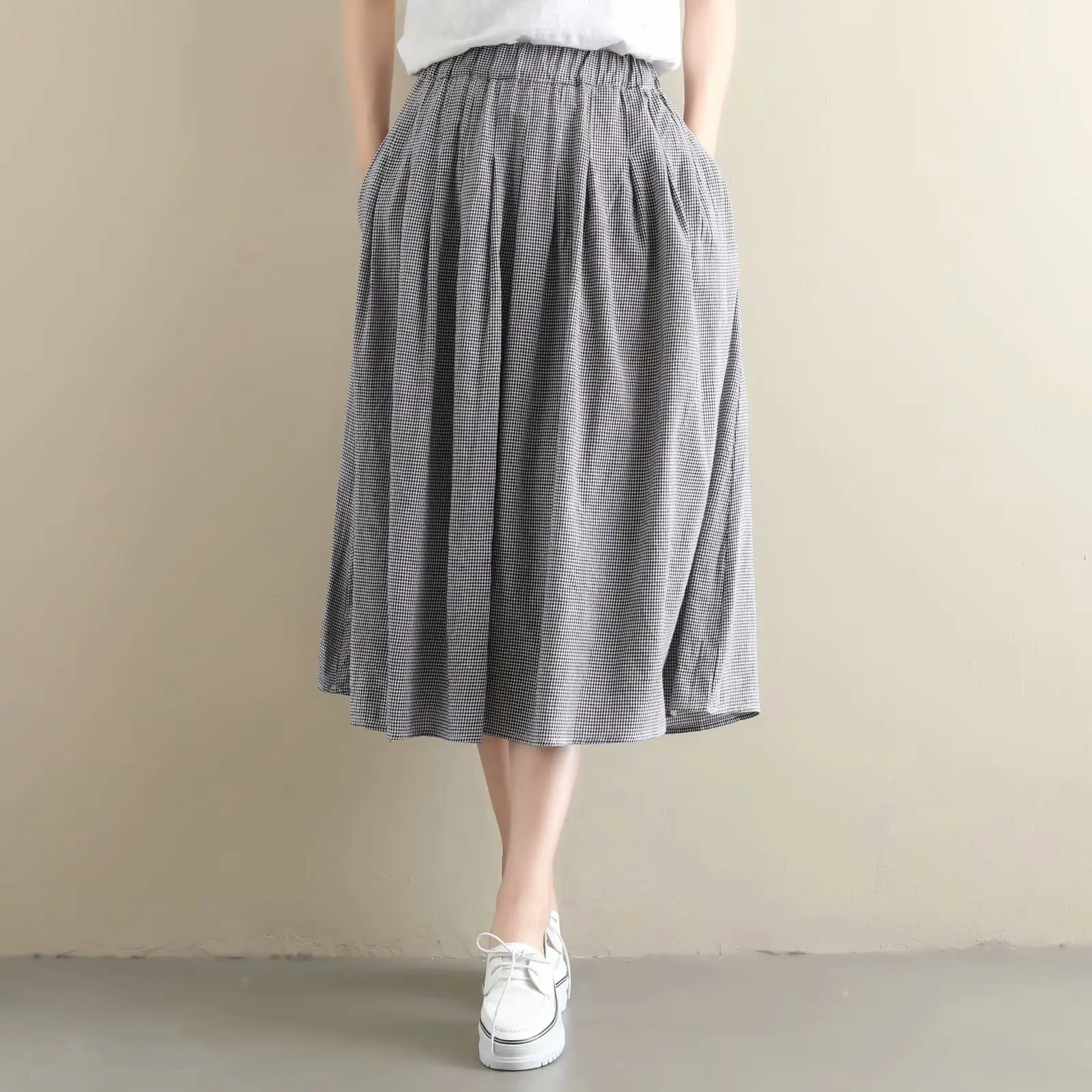 Cotton Linen Midi Plaid Skirt Women Spring Summer Classic Vintage Skirt Female A Line Elastic High Waist Skirts 2019
Cotton Linen Midi Plaid Skirt Women Spring Summer Classic Vintage Skirt Female A Line Elastic High Waist Skirts 2019