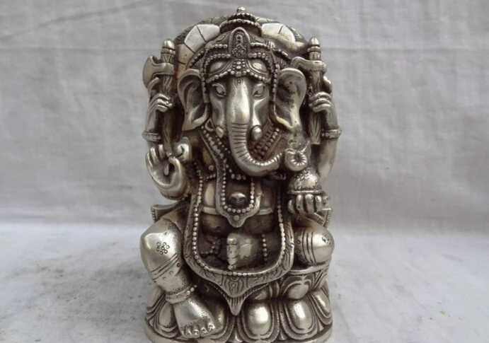 S3151 Tibet Silver Lotus 4 Arms Ganapati Ganesh Lord Ganesha Buddha Mouse Statue D0317