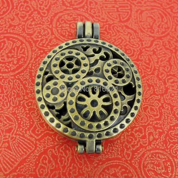 

33x44mm Antique Bronze Brushed Blank Bases Metal Round Filigree Hollow Gear Photo Locket Pendant Settings DIY Findings Wholesale