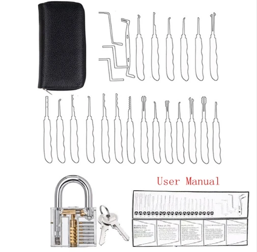 Locksmith Hand Tools Lock Pick Set Transparent Visible Cutaway Practice Padlock With Broken Key Removing Hooks 24pcs set
Locksmith Hand Tools Lock Pick Set Transparent Visible Cutaway Practice Padlock With Broken Key Removing Hooks 24pcs set