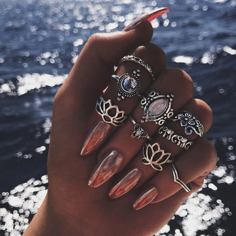 9 Pcs/ Set Bohemian Hollow Elephant Lotus Flower Water Drop V Shaped Crystal Gem Joint Ring Womens Silver Ring Set
9 Pcs/ Set Bohemian Hollow Elephant Lotus Flower Water Drop V Shaped Crystal Gem Joint Ring Womens Silver Ring Set