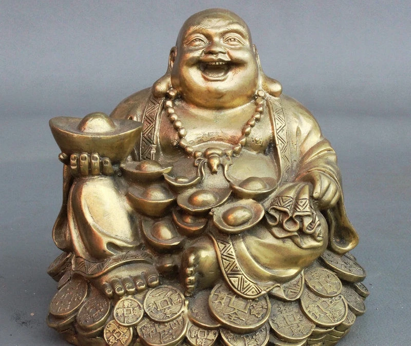 6" China Buddhism Brass Wealth YuanBao Coin Money Happy Maitreya Buddha Statue