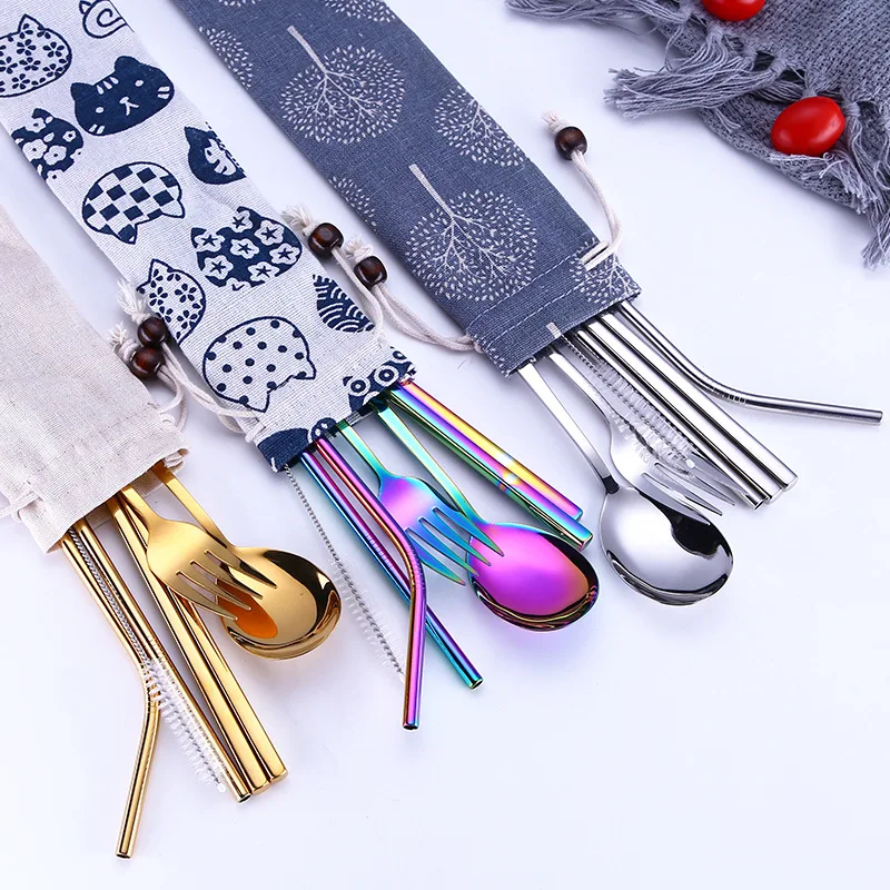 

Stainless Steel Dinnerware Set Spoon Fork Chopsticks Straw With Cloth Pack Cutlery For Travel Outdoor Office Picnic BBQ