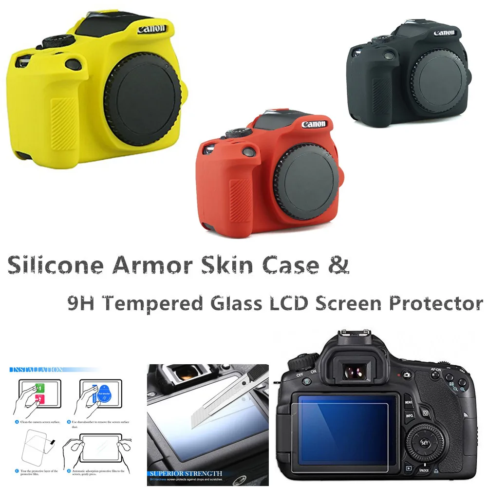 Accessories Silicone Armor Skin Case Body Cover & 9H Tempered Glass Screen Protector for Canon EOS 4000D / Rebel T100 Camera
Accessories Silicone Armor Skin Case Body Cover & 9H Tempered Glass Screen Protector for Canon EOS 4000D / Rebel T100 Camera
