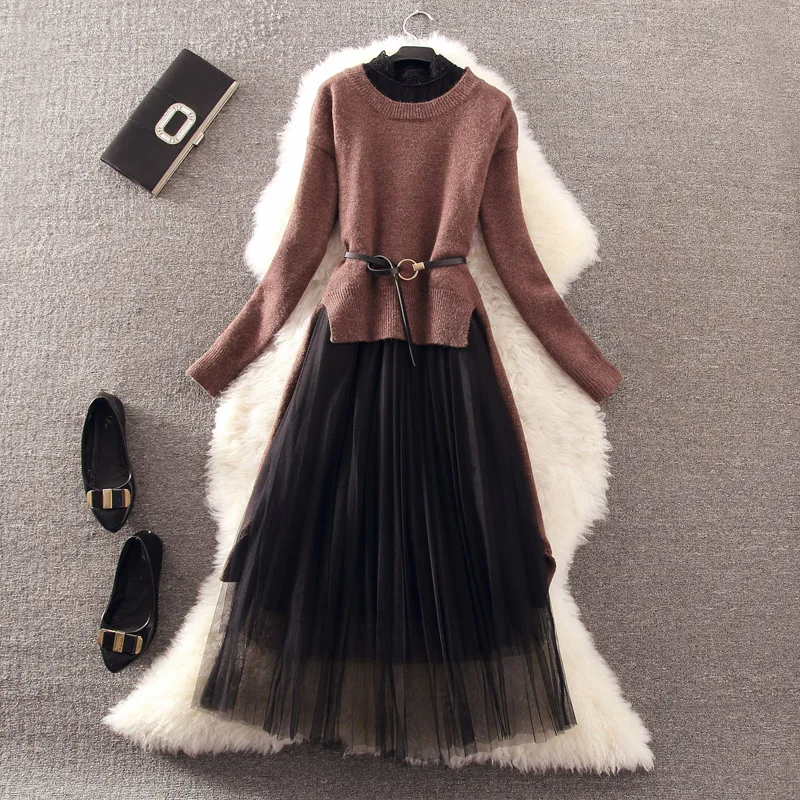 2019 New Fashion Autumn Women Pure Color Lace Mesh Spliced Sleeveless Long Dress + Irregular Long Knit Sweater Two Piece Set
2019 New Fashion Autumn Women Pure Color Lace Mesh Spliced Sleeveless Long Dress + Irregular Long Knit Sweater Two Piece Set