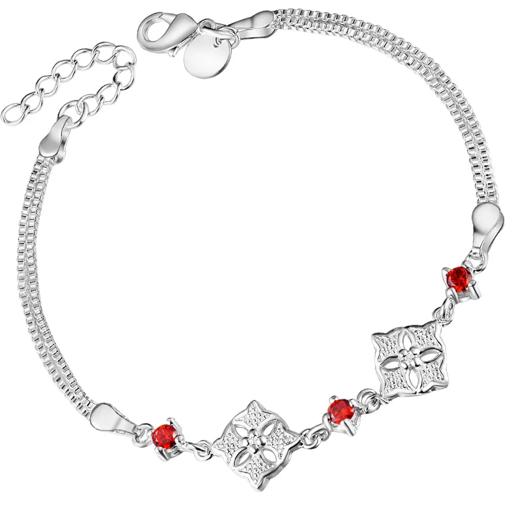 Wholesale fashion silver 925 stamped bracelet chain charms fine classic women lady drop ship gift red stone square double | Украшения и