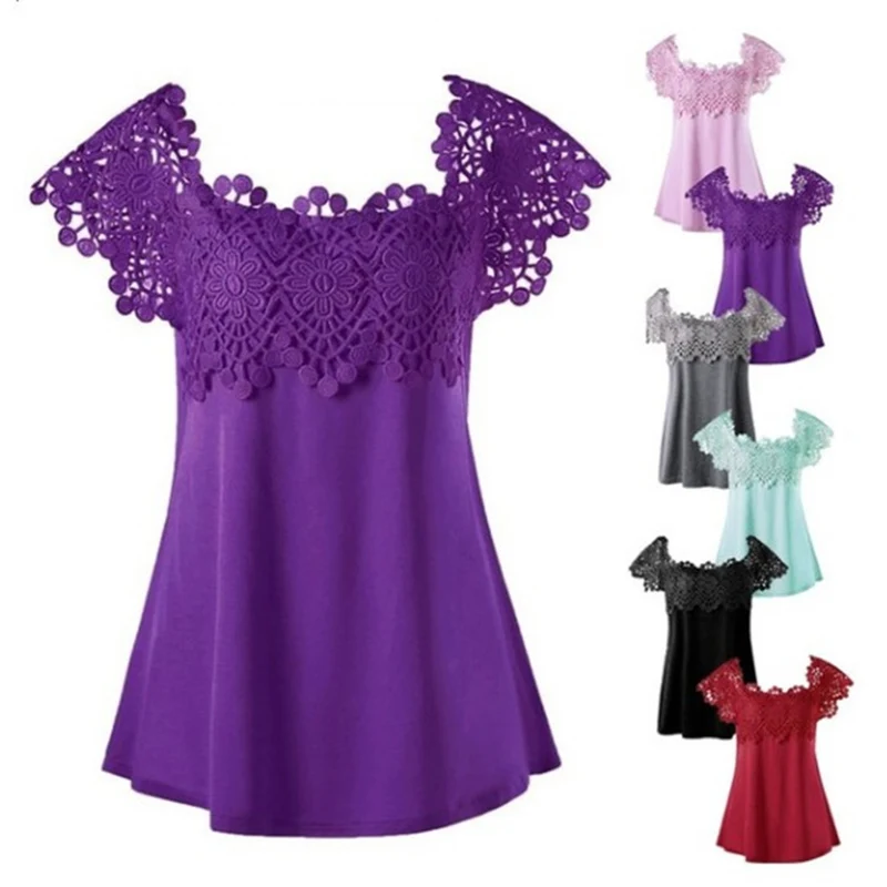 Women T-Shirts Solid Color Splice Lace Embroidery Round Collar Short Sleeves Tops for Summer FDC99 | Женская одежда