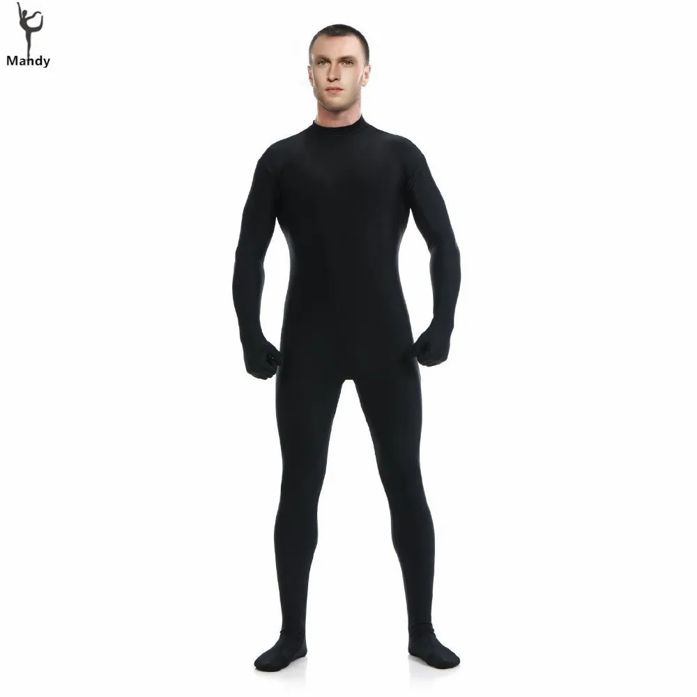 

Black Lycra Spandex Turtleneck Unitard Mens Full Body Zentai Suit Hoodless Footed Zipper Tight Skin Suits Dancewear With Hands