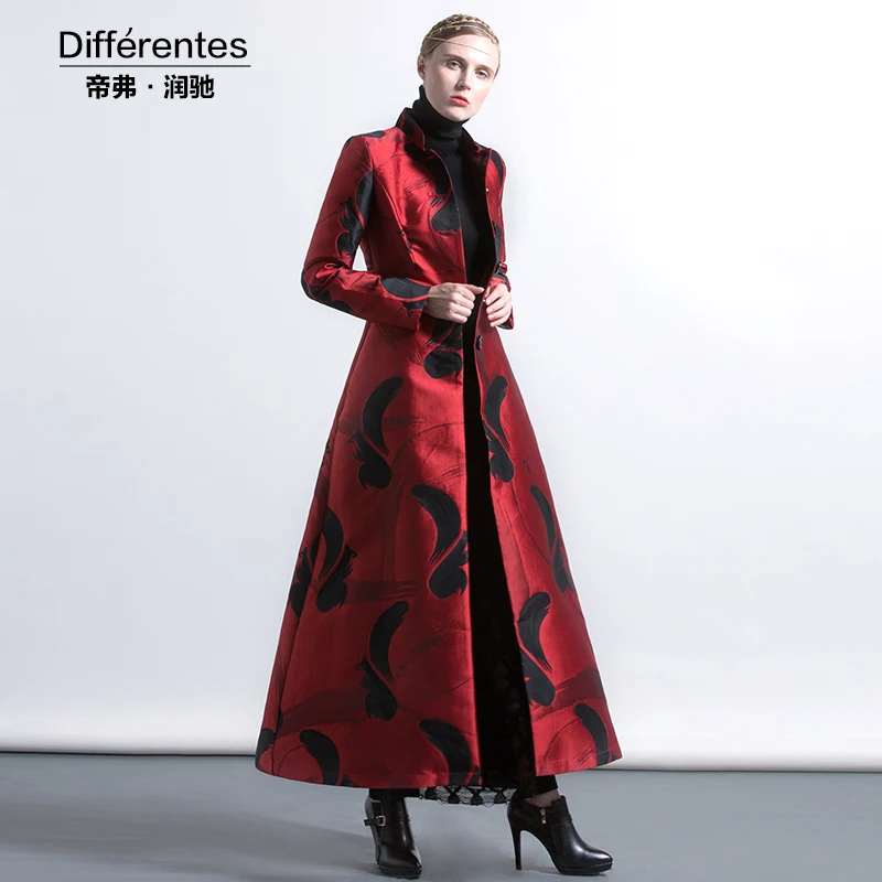 Image 2017 S XXXL Autumn Winter Jacquard Long Coat Plus Size Luxury Red Trench Women Muslim Single Breasted Style Outwear Coat