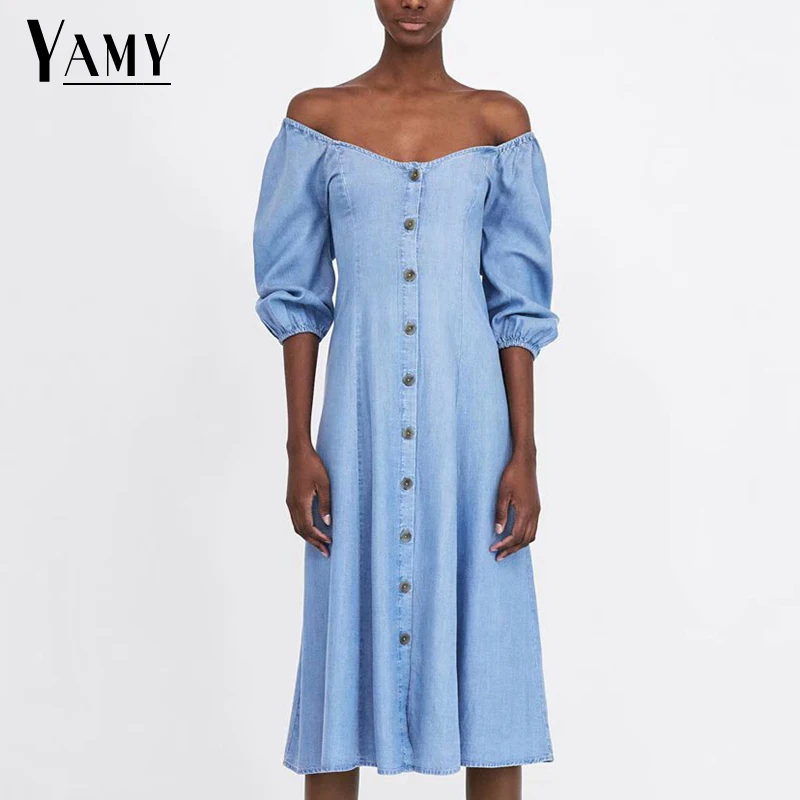 Vintage button slash neck sexy denim dress off shoulder casual jeans dress elegant vestidos korean fashion Summer
Vintage button slash neck sexy denim dress off shoulder casual jeans dress elegant vestidos korean fashion Summer