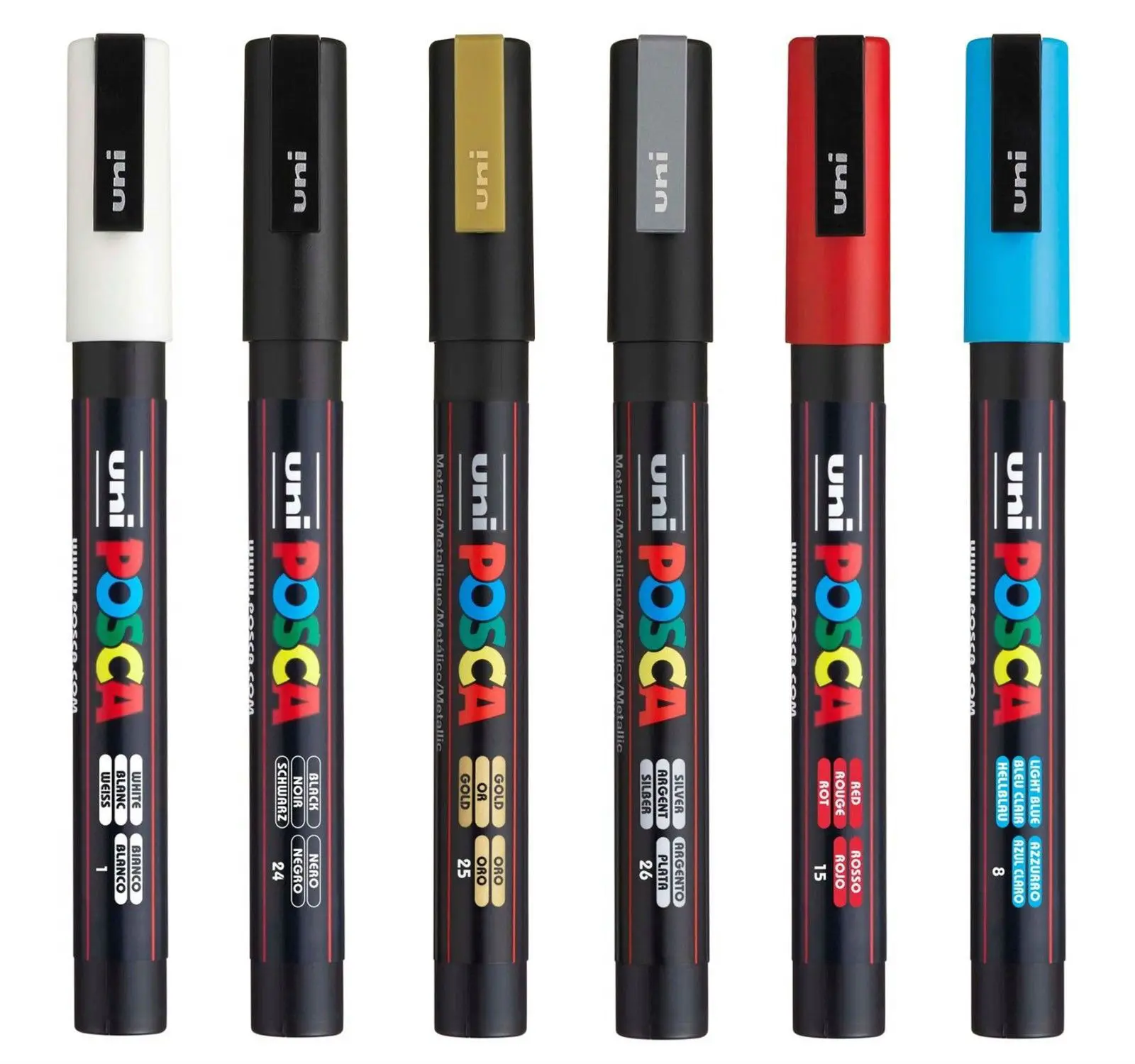 Uni Posca PC-3M Paint Pen Art Marker Pens - Set of the 6 Most Popular Colors White/Black/Gold/Silver/Red/Light Blue
Uni Posca PC-3M Paint Pen Art Marker Pens - Set of the 6 Most Popular Colors White/Black/Gold/Silver/Red/Light Blue