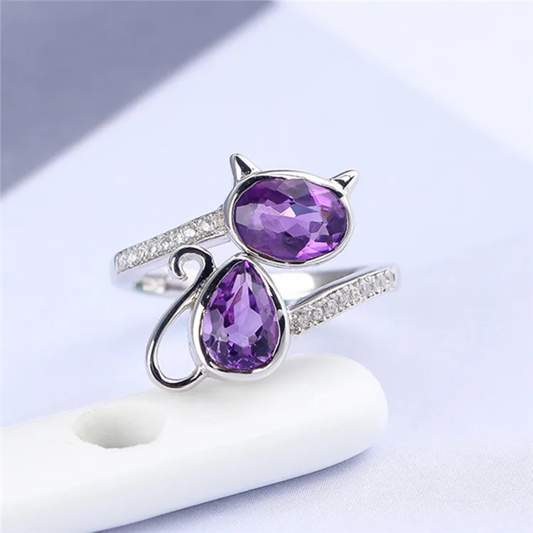 

Fashion explosion gemstone ring jewelry manufacturers wholesale 925 silver inlaid natural amethyst ring opening